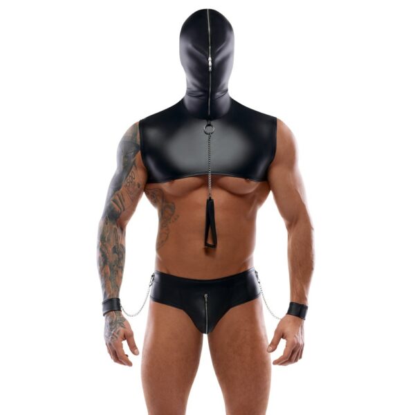 Svenjoyment BONDAGE crni muški BDSM set s kapuljačom tangama povodcem i lisicama