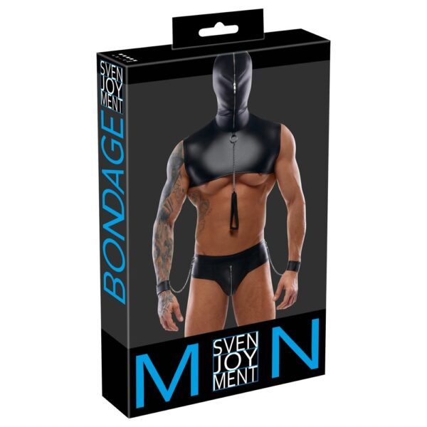 Svenjoyment BONDAGE crni muški BDSM set s kapuljačom tangama povodcem i lisicama