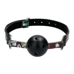 Ouch by Shots Breathable Ball Gag crna BDSM kugla za usta s otvorima za disanje i podesivim kožnim remenima