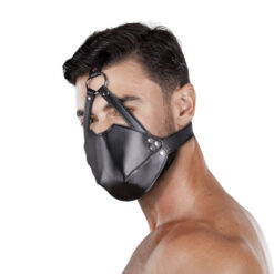 Ouch by Shots Head Harness Black  od PU kože BDSM maska s kuglom za usta i podesivim remenjem