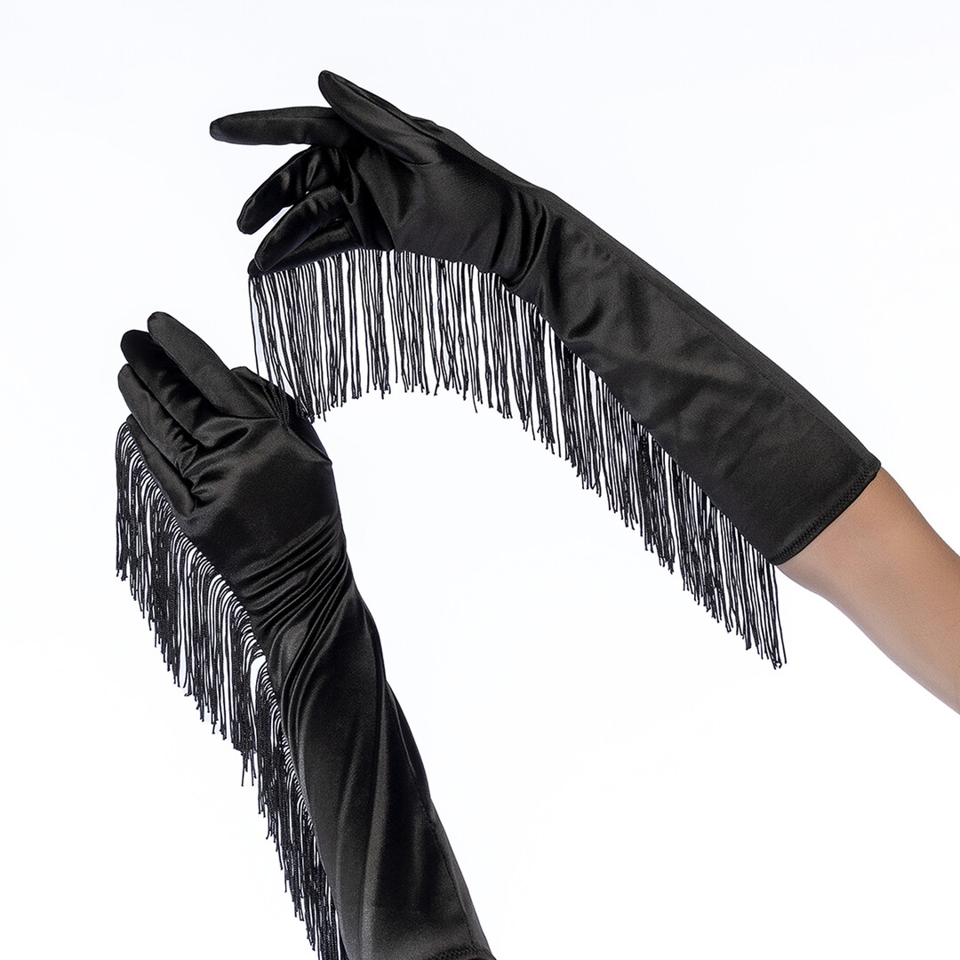 Mapalé Satin Fringe Opera Gloves duge crne satenske rukavice s resama