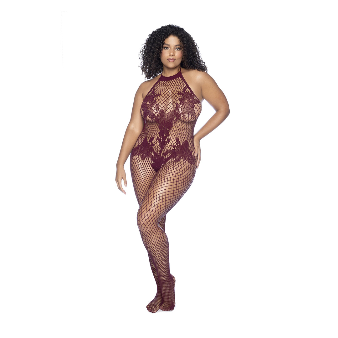 Mapalé Bodystocking Halter and Crotchless Floral Cherry s cvjetnim uzorkom i otvorenim međunožjem
