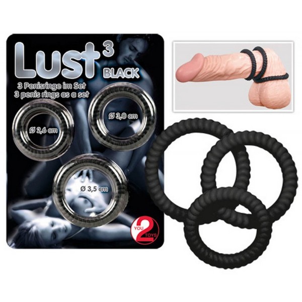 Prsten za penis, 3 kom, razne veličine - Lust 3 black