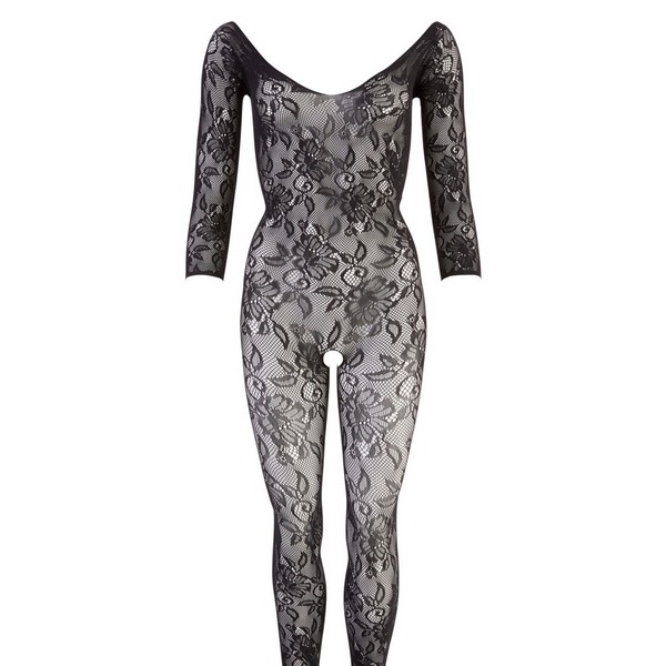 Black lace catsuit with sleeves and mid-thigh stockings, size Black lace catsuit with sleeves and mid-slit stockings, size S/L