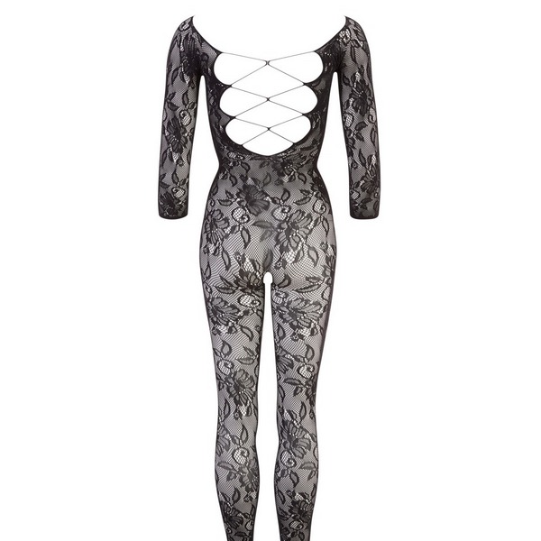 Black lace catsuit with sleeves and mid-thigh stockings, size Black lace catsuit with sleeves and mid-slit stockings, size S/L